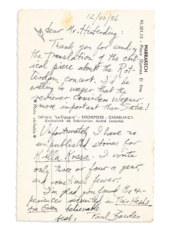 BOWLES, PAUL. Archive of 9 items, each Signed, to publisher Tim Hinterding: 6 Typed Letters * Brief Autograph Letter * Printed Document